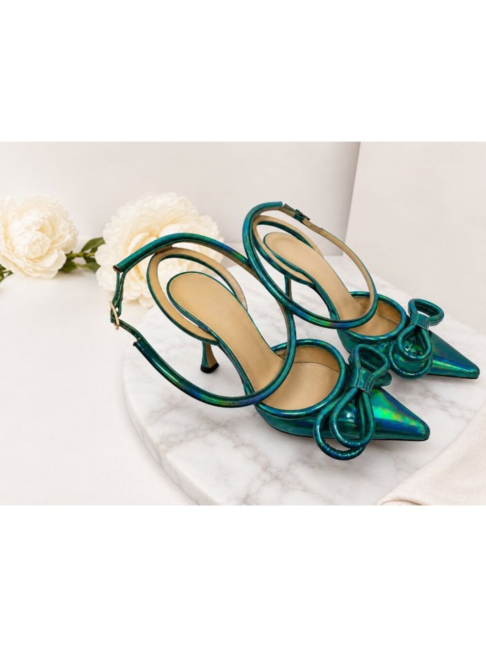 Mach & Mach Bow Slingback Pumps EU 36.5 US 6.5 Teal Iridescent Metallic Heels